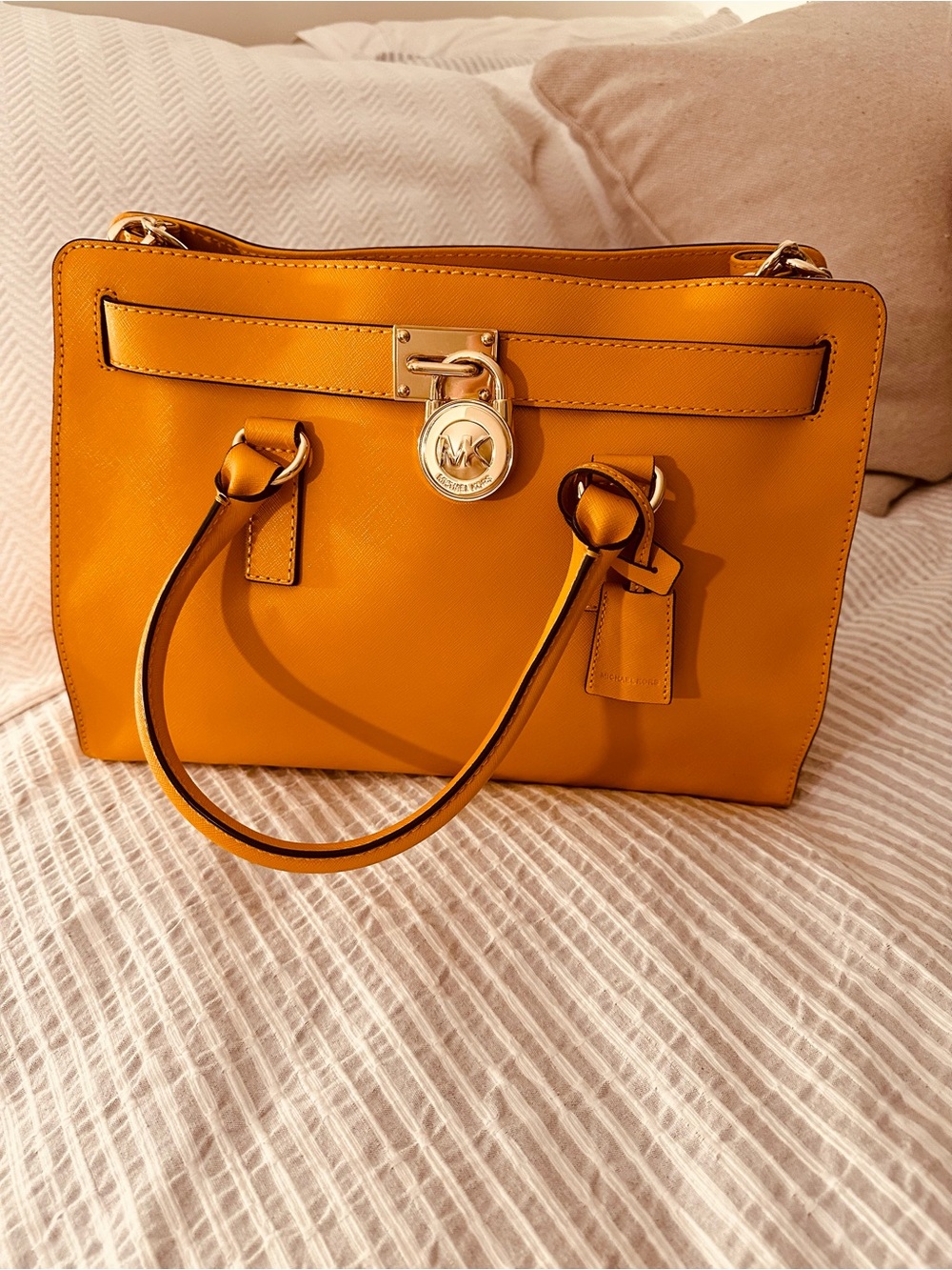 Michael Kors Mustard Yellow Leather Satchel with Gold Lock
